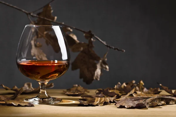 Snifter of brandy and dried oak leaves — Stock Photo, Image