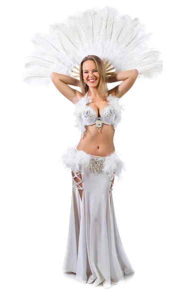 Beauty blonde in white belly dancer costume . — Stock Photo, Image