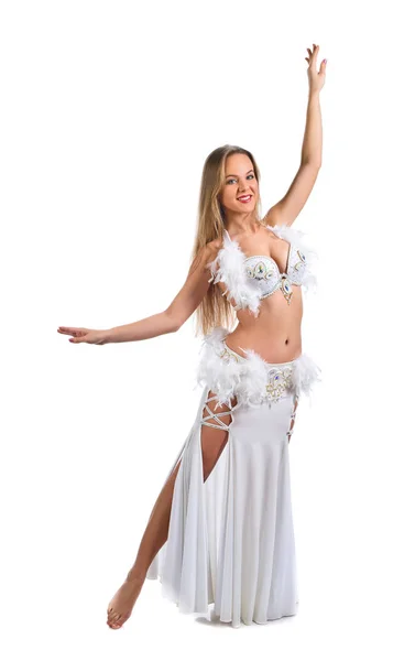 Beauty blonde in white belly dancer costume . — Stock Photo, Image