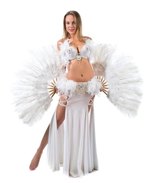 Beauty blonde in white belly dancer costume . — Stock Photo, Image