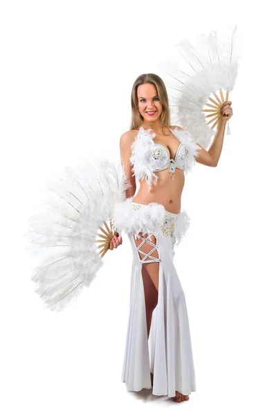 Beauty blonde in white belly dancer costume . — Stock Photo, Image