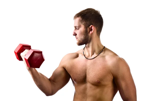 Jeune bodybuilder avec haltères sur fond blanc  . — Photo