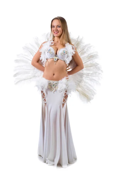 Beauty blonde in white belly dancer costume . — Stock Photo, Image