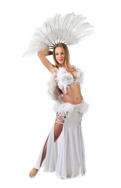 Beauty blonde in white belly dancer costume . — Stock Photo, Image