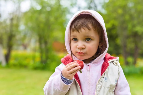 Petite fille dans un sweat à capuche manger des fraises — Photo