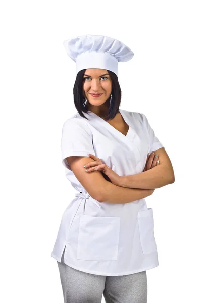 Mulher em uniforme chef isolado no fundo branco — Fotografia de Stock