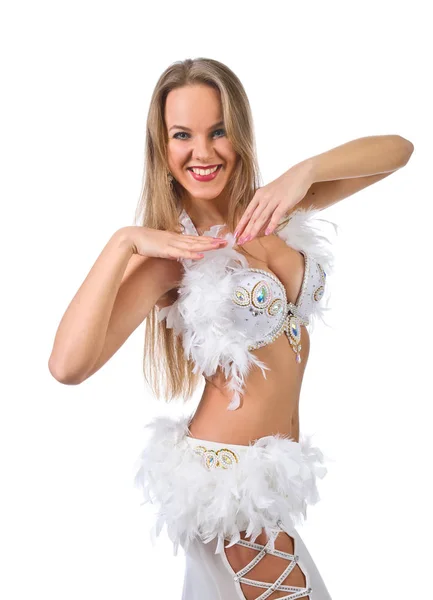 Красуня блондинка в білому живіт танцівниця костюм  . — стокове фото