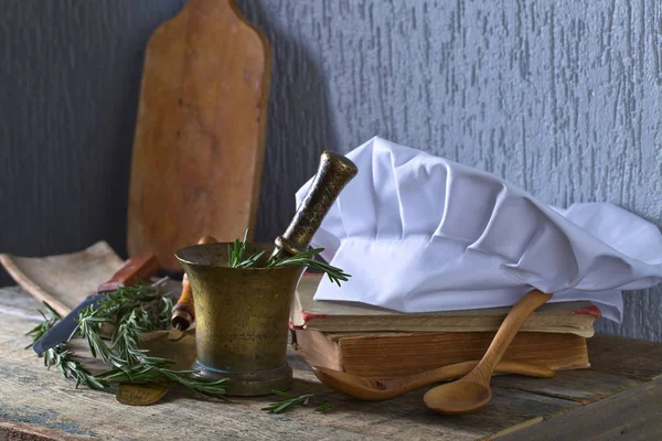 Kitchen accessories on the old wooden table . — Stock Photo, Image