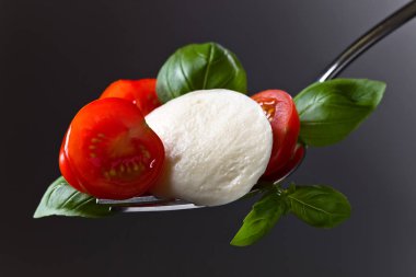  Mozzarella peyniri kiraz domates dilimleri ve yeşil fesleğen ile 