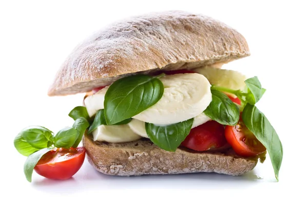 Mozzarella peyniri, domates ve fesleğen beyaz izole ciabatta 