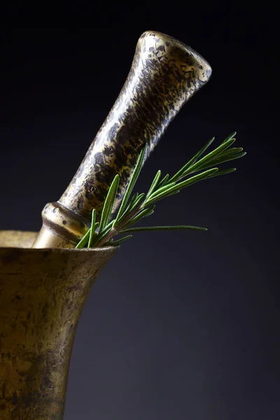 Old copper mortar with rosemary — Stock Photo, Image