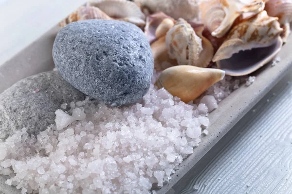 Sea salt on a old wooden table — Stock Photo, Image