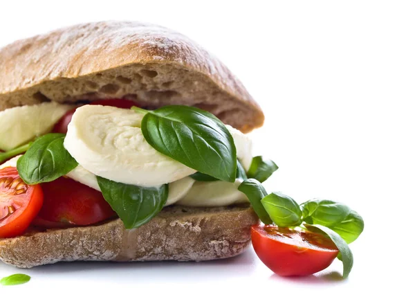 Mozzarella peyniri, domates ve fesleğen beyaz izole ciabatta 