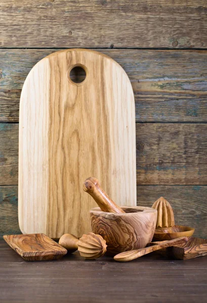 Set di utensili da cucina in legno . — Foto Stock