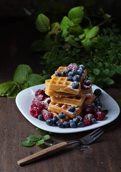 Waffeln mit Himbeere und Blaubeere — Stockfoto