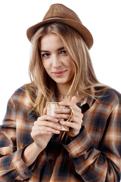 Pretty blonde with mug on white background. — Stock Photo, Image