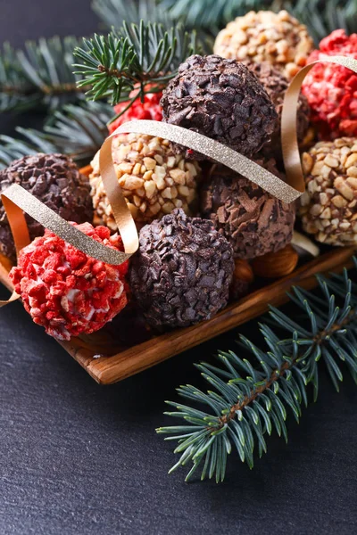 Bonbons maison au chocolat, noix et fraises séchées — Photo