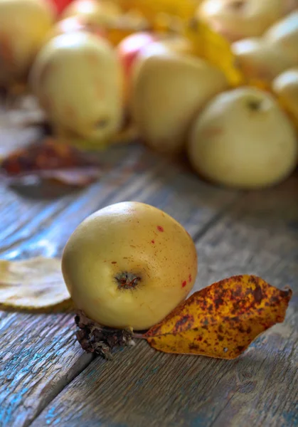 Apples with yellow leaves wooden table. — Stock Photo, Image