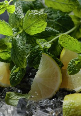 Buz ve koyu arka plan üzerine nane limon dilimleri. 