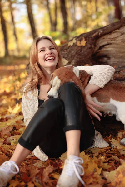 공원에 개를 가진 아름 다운 소녀. — 스톡 사진