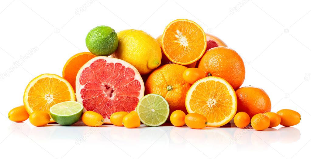 Isolated citrus fruits on white background.