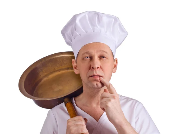 Chef avec une grande casserole en cuivre  . — Photo