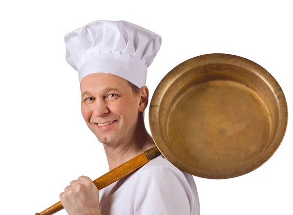 Chef with a large copper pan on white — Stock Photo, Image