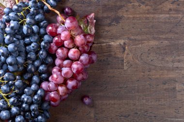 Eski ahşap arka plan yapraklarda ile üzüm demet.