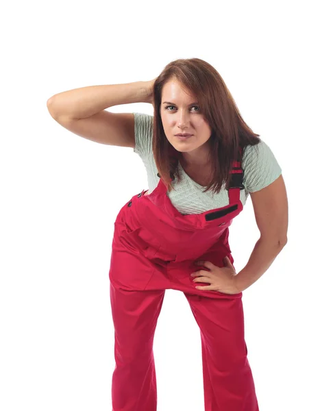 Young woman in red jumpsuit , isolated on white . — Stock Photo, Image