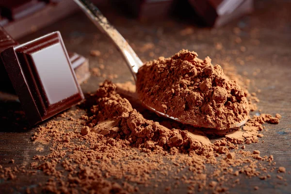 Morceaux de chocolat cassés et poudre de cacao  . — Photo