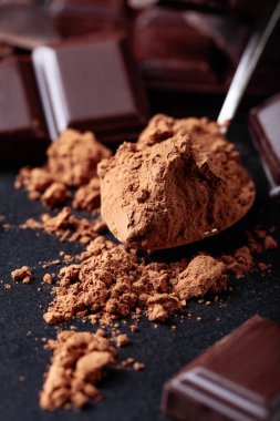 Kırık çikolata parçaları ve kakao tozu.