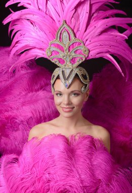 Karnaval kılık rhinestones ve pembe fea ile güzel kız