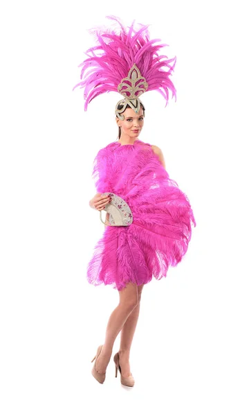 Beautiful girl in carnival costume with rhinestones and pink fea — Stock Photo, Image
