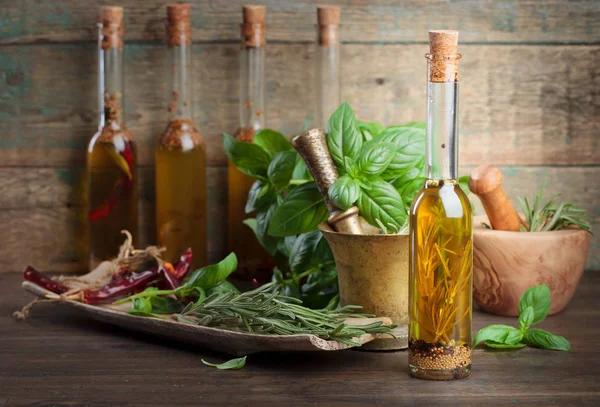 Olivový olej s různé koření a bylinky . — Stock fotografie