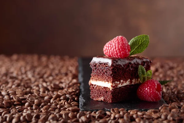 Nahaufnahme von Schokoladenkuchen mit Himbeere und Minze . — Stockfoto