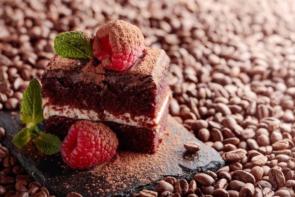 Gros plan de gâteau au chocolat avec framboise et menthe  . — Photo