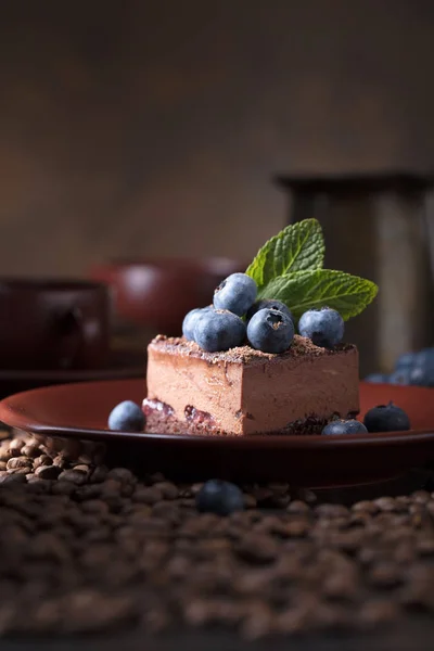 Chokladkaka med blåbär och mynta . — Stockfoto