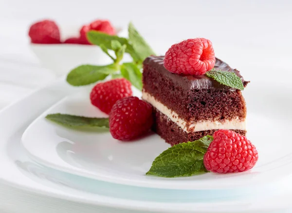 Шоколадний торт з малиною та м'ятою . — стокове фото
