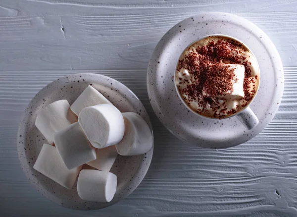 Warme chocolademelk en marshmallow bestrooid met chocoladeschilfers. — Stockfoto