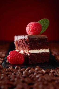 Çikolatalı kek ahududu ile closeup .