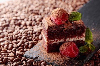 Çikolatalı kek Ahududu ve nane ile closeup .