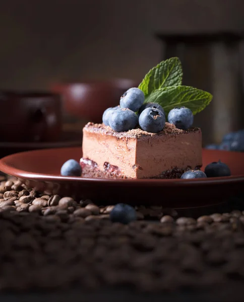 Bolo de chocolate com mirtilos e hortelã  . — Fotografia de Stock