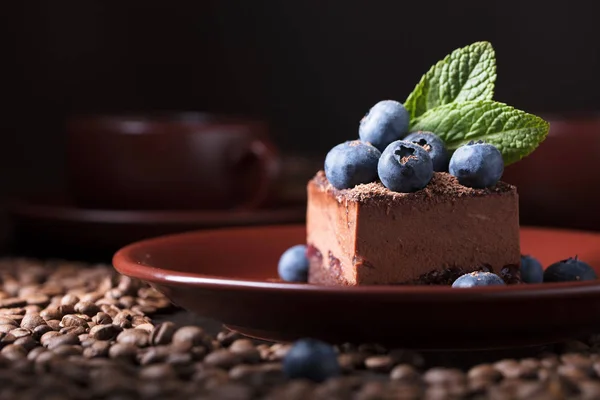 Chokladkaka med blåbär och mynta . — Stockfoto