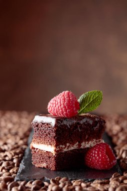 Çikolatalı kek Ahududu ve nane ile closeup .