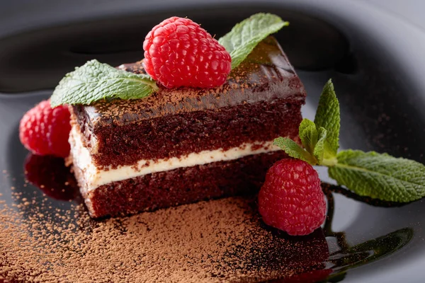 Ciasto czekoladowe z mięty i maliny . — Zdjęcie stockowe