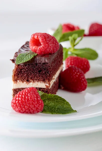 Ciasto czekoladowe z mięty i maliny. — Zdjęcie stockowe
