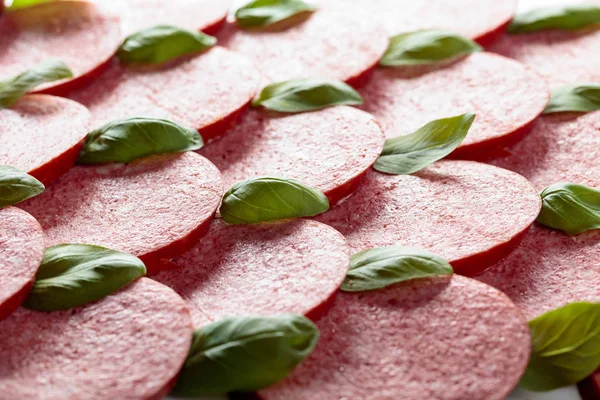 Sliced smoked sausage with green basil leaves. — Stock Photo, Image