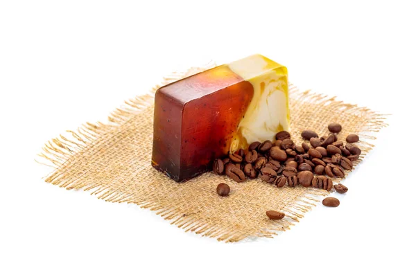 Handmade soap bar with coffee isolated on a white background. — Stock Photo, Image