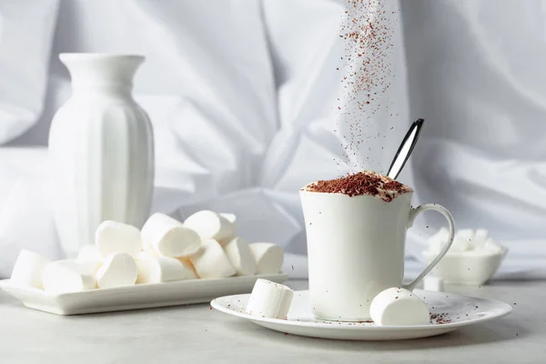 Chocolate quente com marshmallows polvilhado com migalhas de chocolate. — Fotografia de Stock