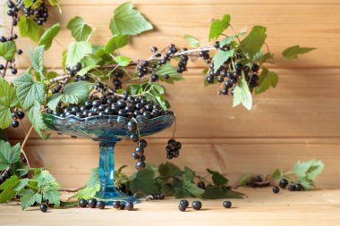 Ahşap arka plan üzerinde yaprakları ile taze olgun siyah kuş üzümü.